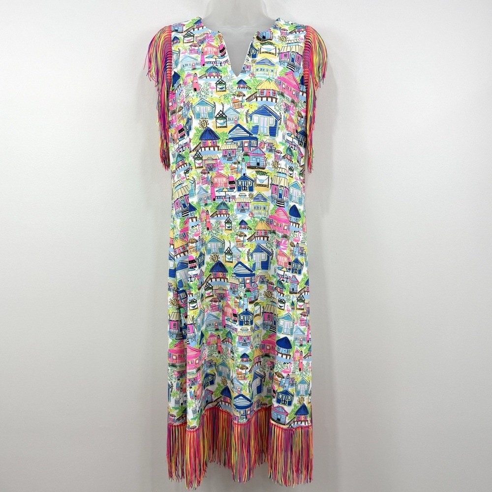 Lulu B Tiki Dress S Rainbow Fringe Novelty Resort Flamingo Beachy Preppy Cruise